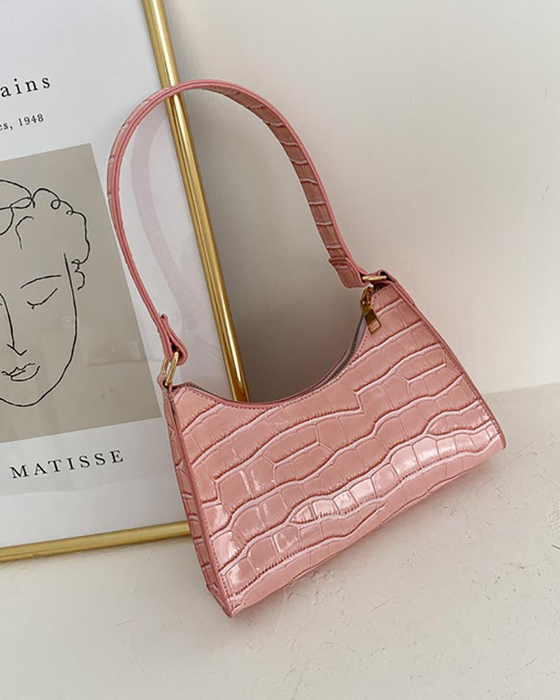 

Croc Embossed Zipper Decor Baguette Bag, Pink