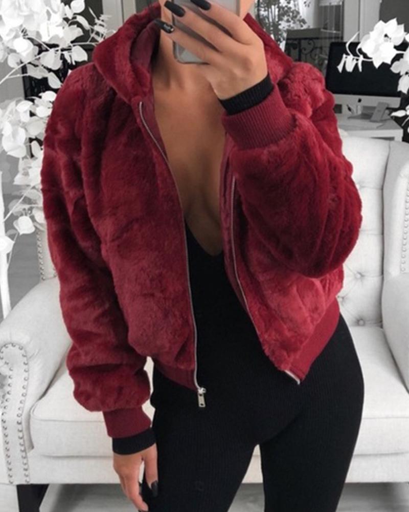 

Faux Fur Zipper Pocket Design Coat, Wine red