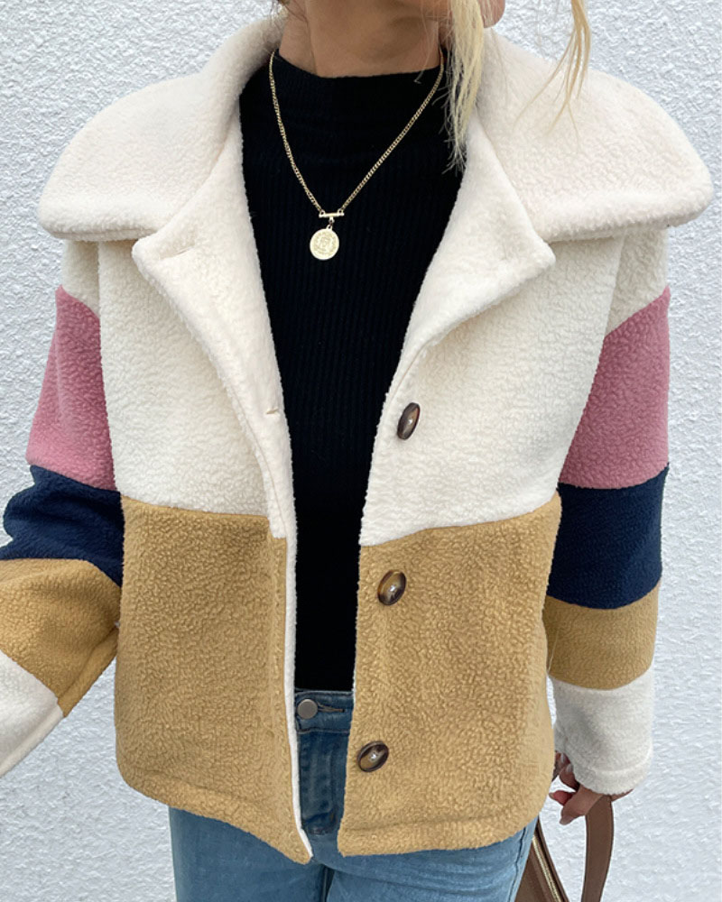 

Colorblock Button Front Teddy Coat, Style1
