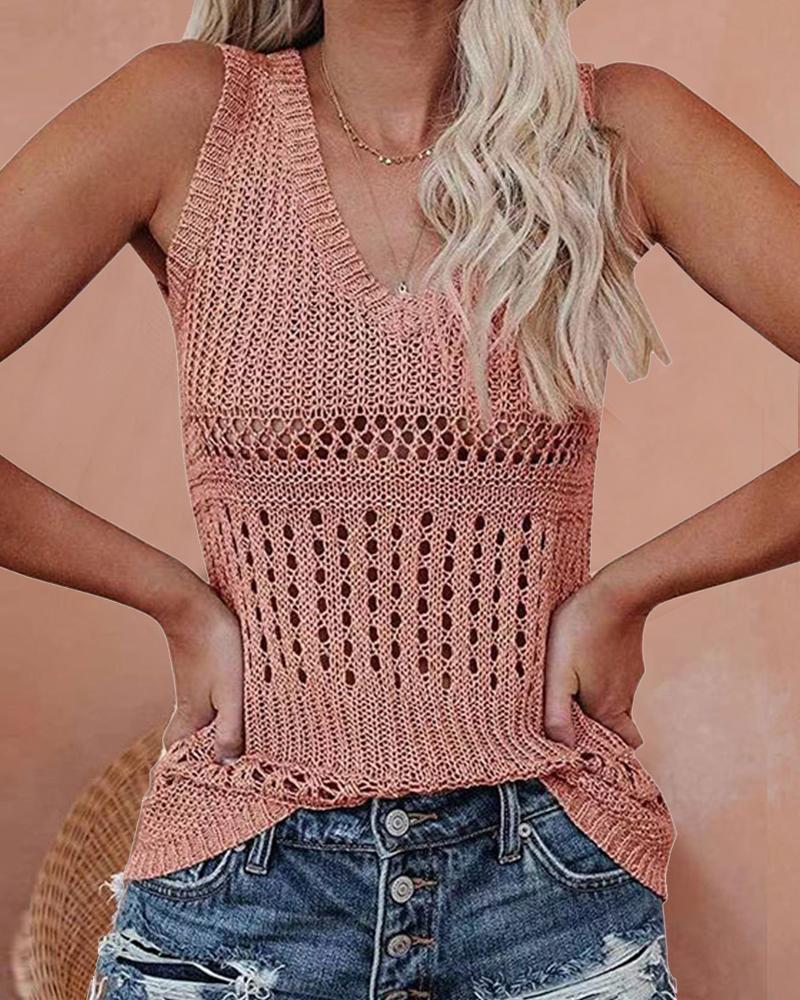 

Solid Color Hollow-out Weave Sleeveless Tank Top, Pink