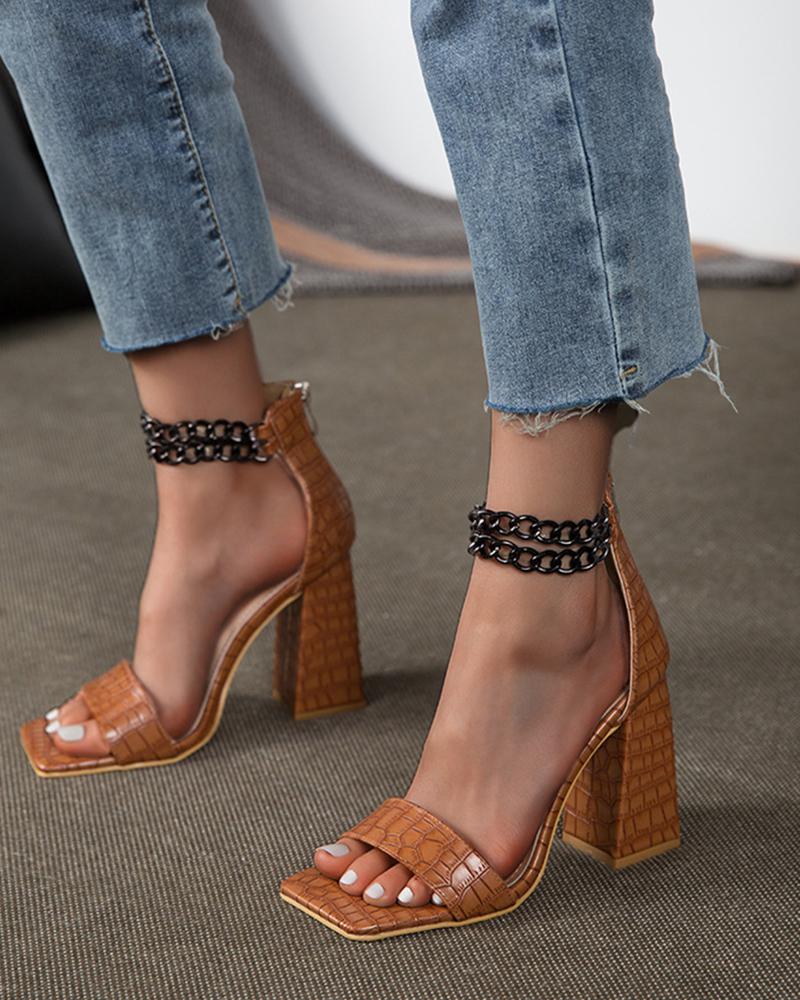 

Square-toe Crocodile Pattern Splicing Chain Heel Sandals, Brown
