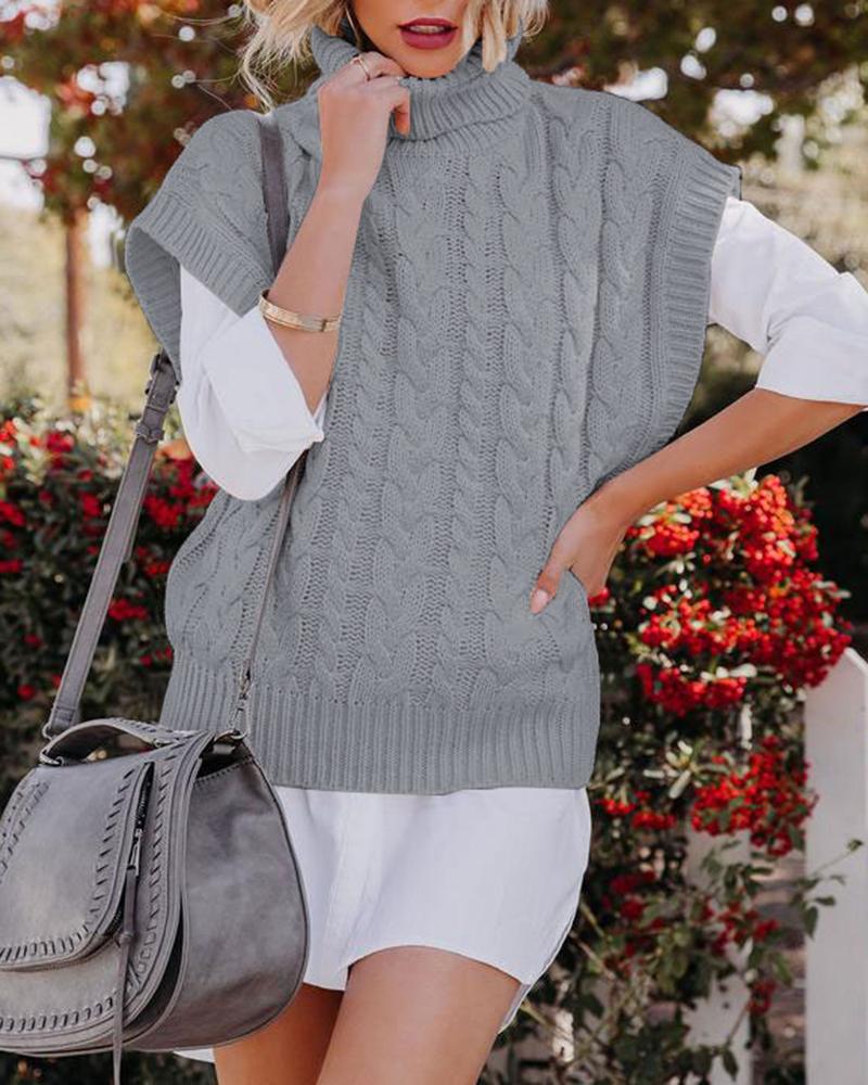 

Braided Knit Cap Sleeve High Neck Sweater, Gray