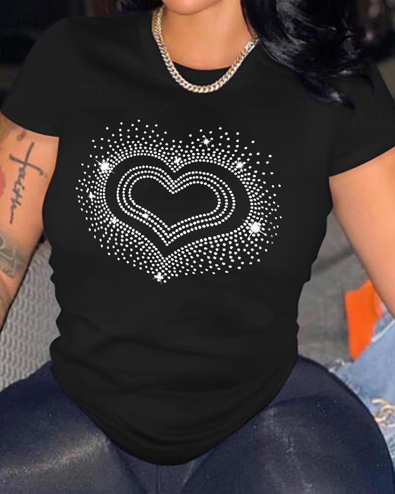 

Rhinestone Heart Pattern Short Sleeve Casual T-shirt, Black