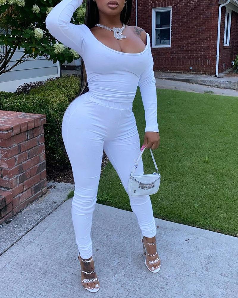 

Solid Long Sleeve T-shirt Pants Two-piece, White