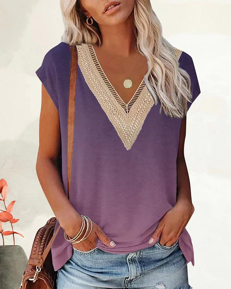 

Ombre Cap Sleeve Contrast Lace Top, Purple