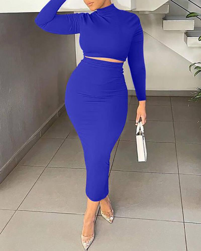 

Long Sleeve Crop Top & High Waist Skirt Set, Blue