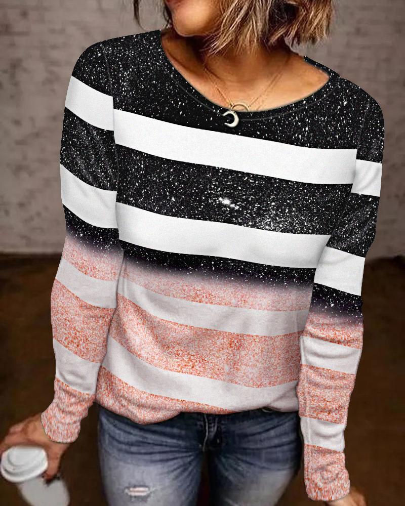 

Colorblock Striped Print Long Sleeve Casual Top, Pink