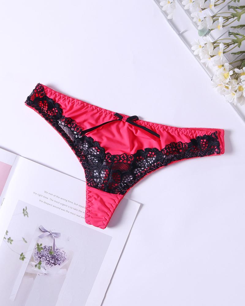 

Sexy Women Lace Patchwork Low Waist Thong With Knotbow, Black