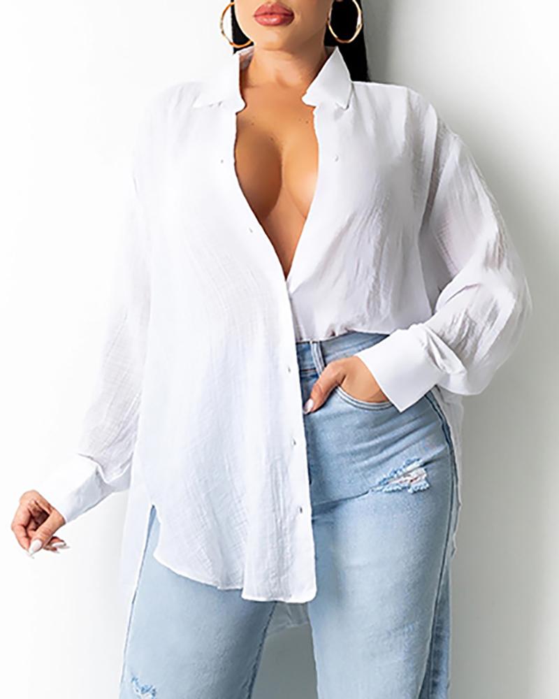 

Button Design Lantern Sleeve Shirt, White