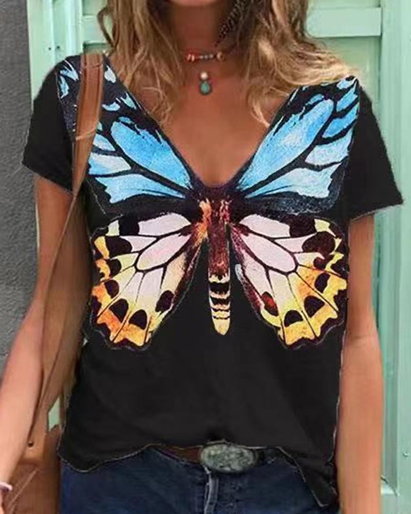 

Short Sleeve Butterfly Print Casual T-shirt, Black