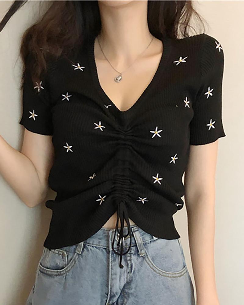 

Floral Embroidery Drawstring Ribbed T-shirt, Black