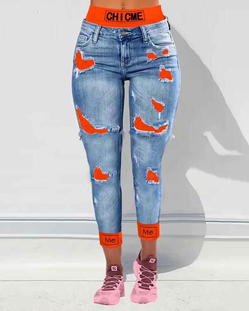 

ChicMe Fake Two-Piece Patchwork Cutout Ripped Jeans, Orange