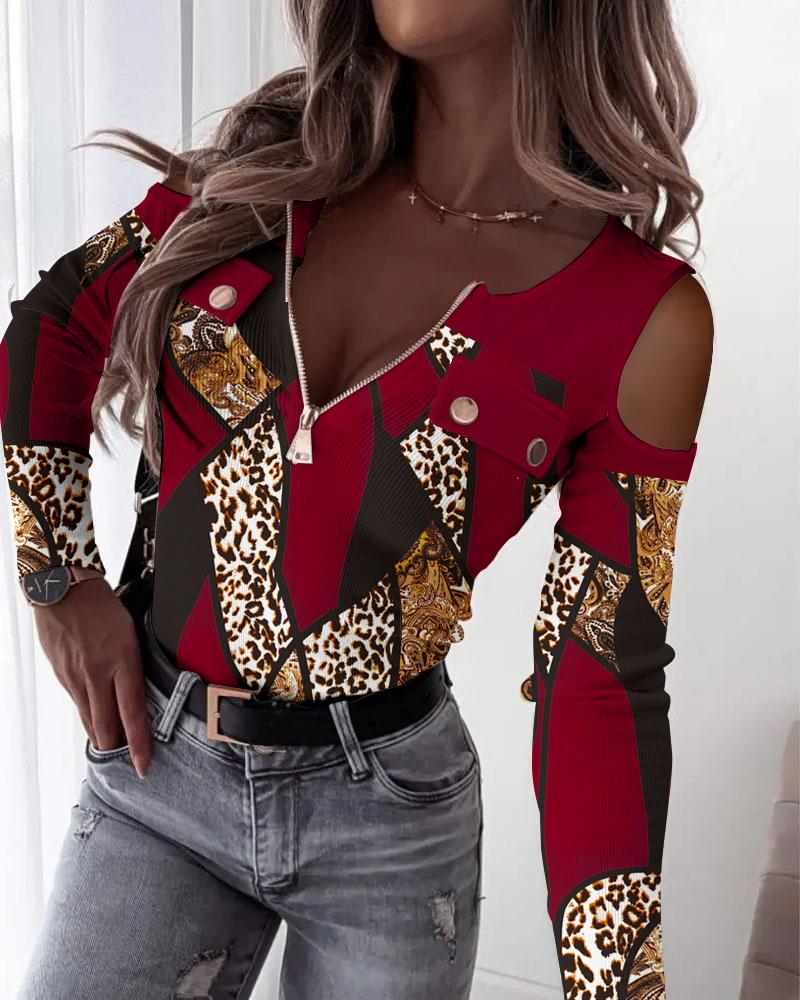 Baroque Leopard Print Cold Shoulder Top