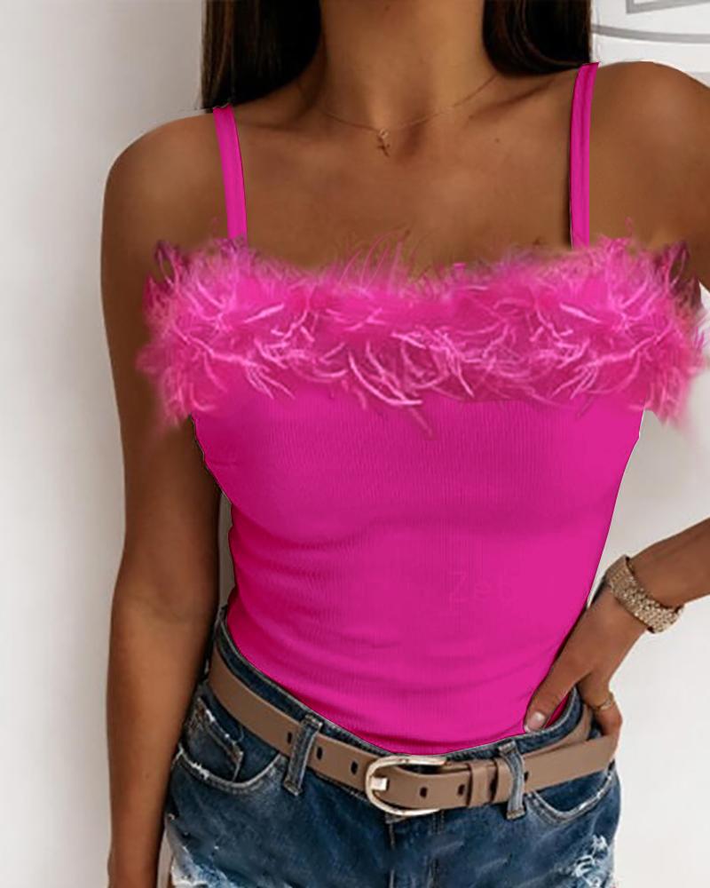 

Feather Trim Ribbed Cami Top, Hot pink
