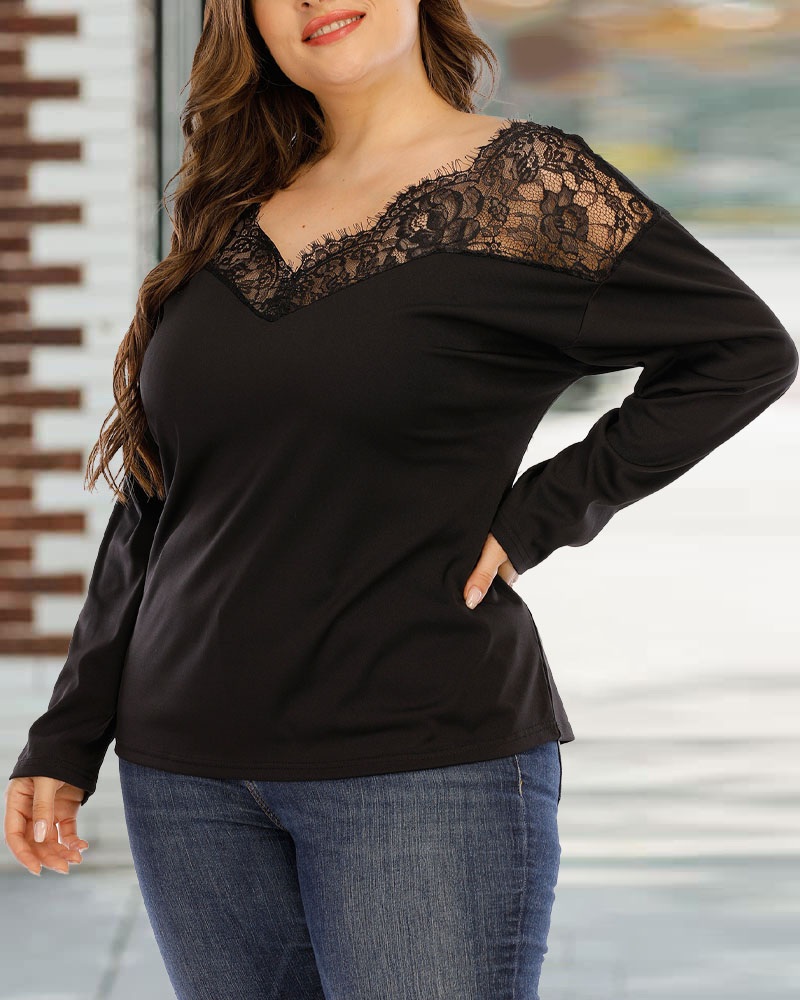 

Plus Size Contrast Lace Long Sleeve Top, Black