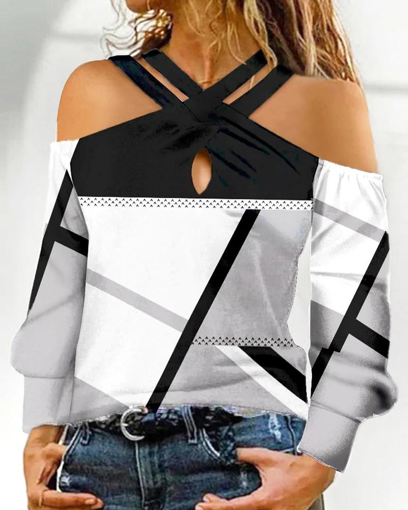 

Geometric Print Crisscross Cold Shoulder Top, White