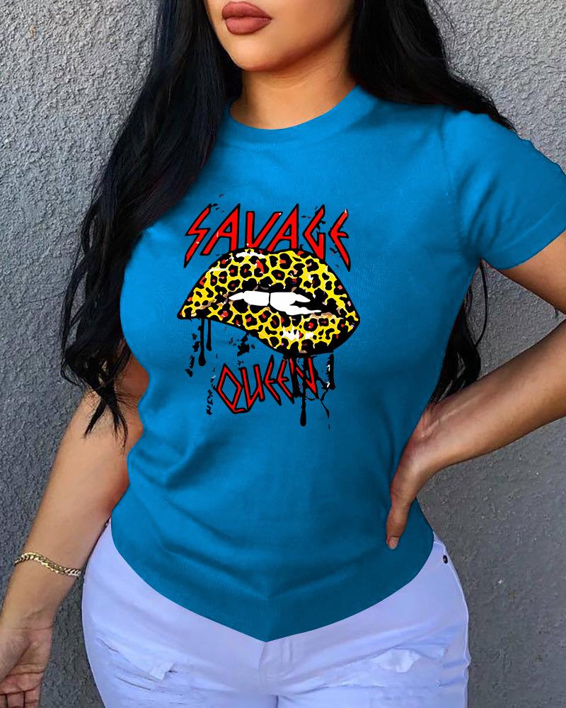 

Lip / Letter / Leopard Print O Neck T-Shirt, Dark blue