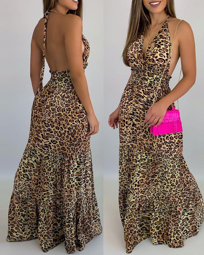 

Leopard Print Halter Tied Detail Backless Maxi Dress