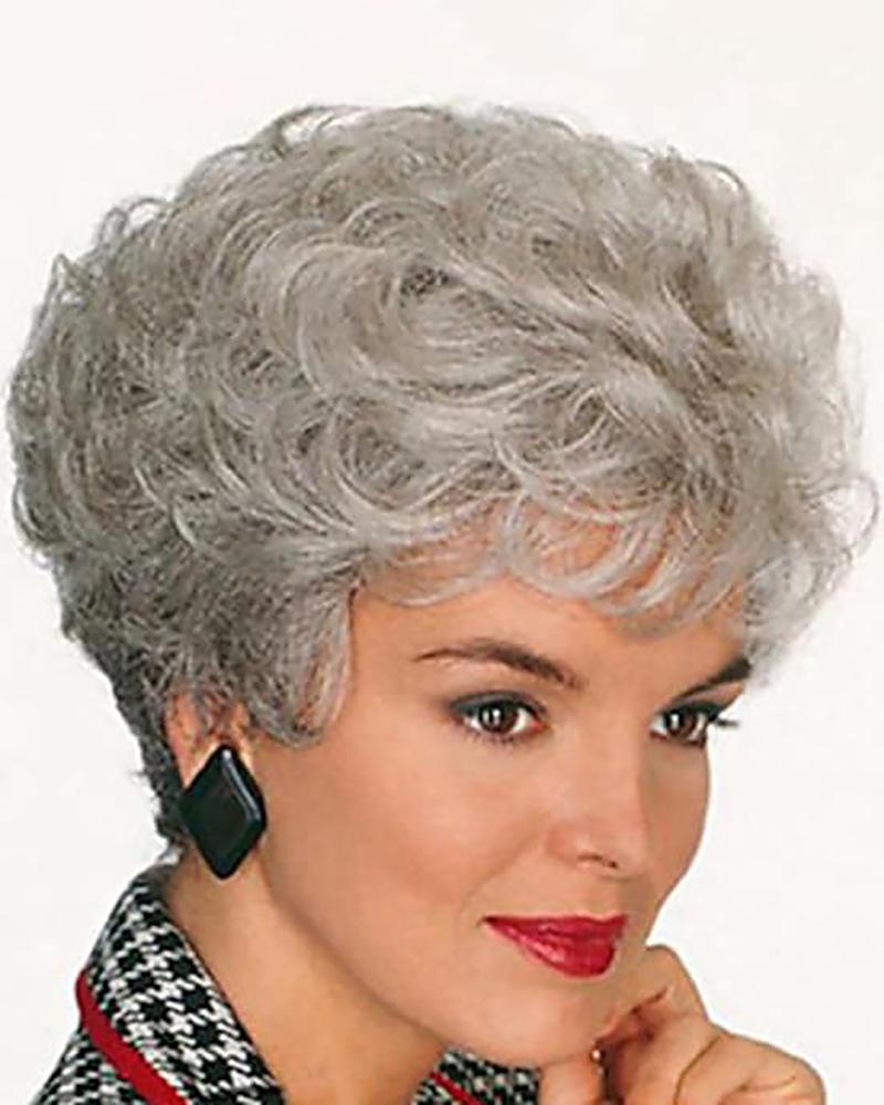 

Short Gray Curly Sliver Pixie Cut Wavy Layered Synthetic Hair Wig With Bangs