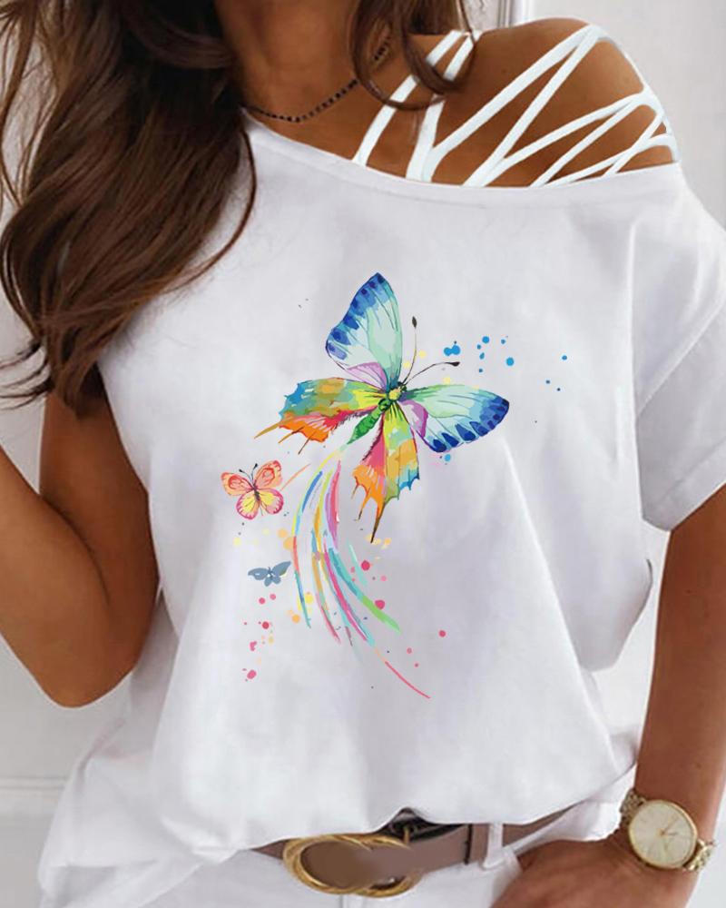 

Print Butterfly Slash Neck T-shirt, Style2