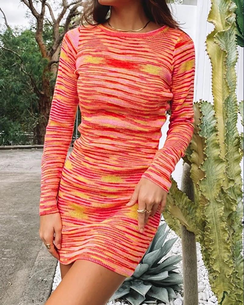 

Long Sleeve Colorblock Knit Skinny Casual Dress, Red