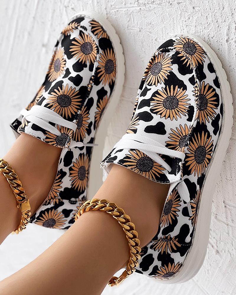 

Sunflower Cow Print Lace-up Casual Slip-On, Yellow