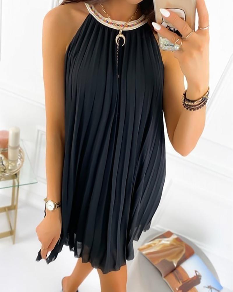 

Ruched Sleeveless Mini Pleated Dress, Black