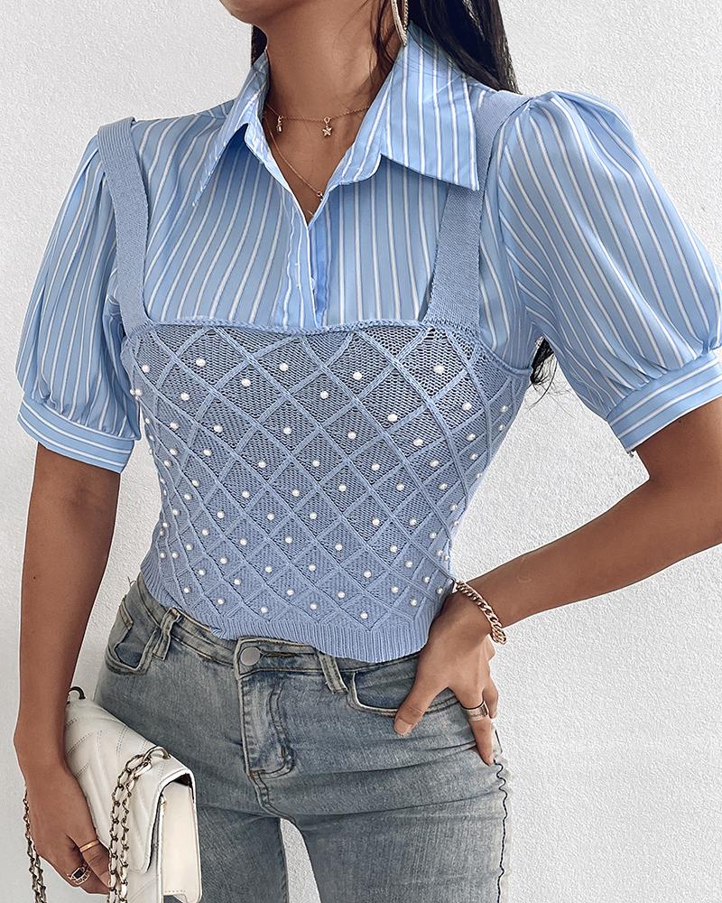 

Pearls Studded Knit Patchwork Fake Two-Piece Shirt, Blue