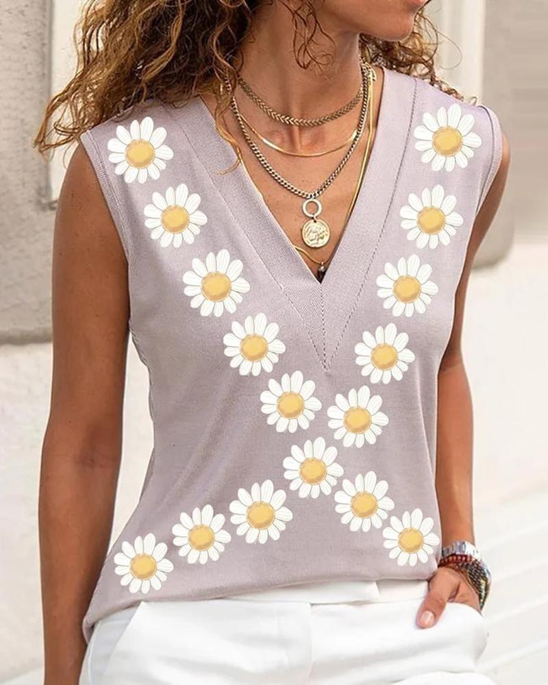 

Daisy Print V-Neck Sleeveless Top, Purple