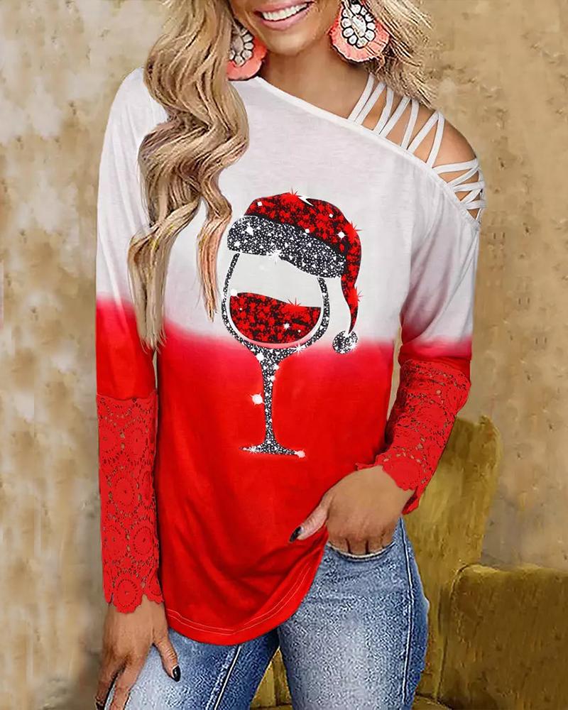 

Christmas Wine Glass Print Contrast Lace Cold Shoulder Top, Red