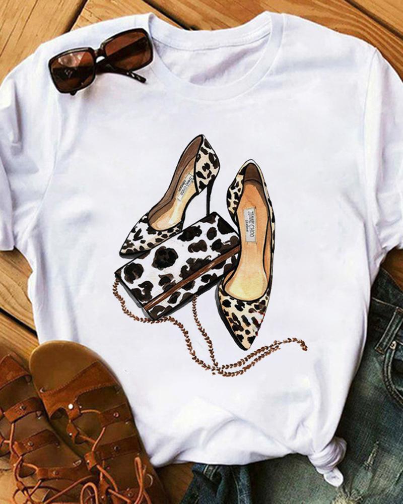 

Graphic Leopard Heels Print Crew Neck Casual T-shirt, White