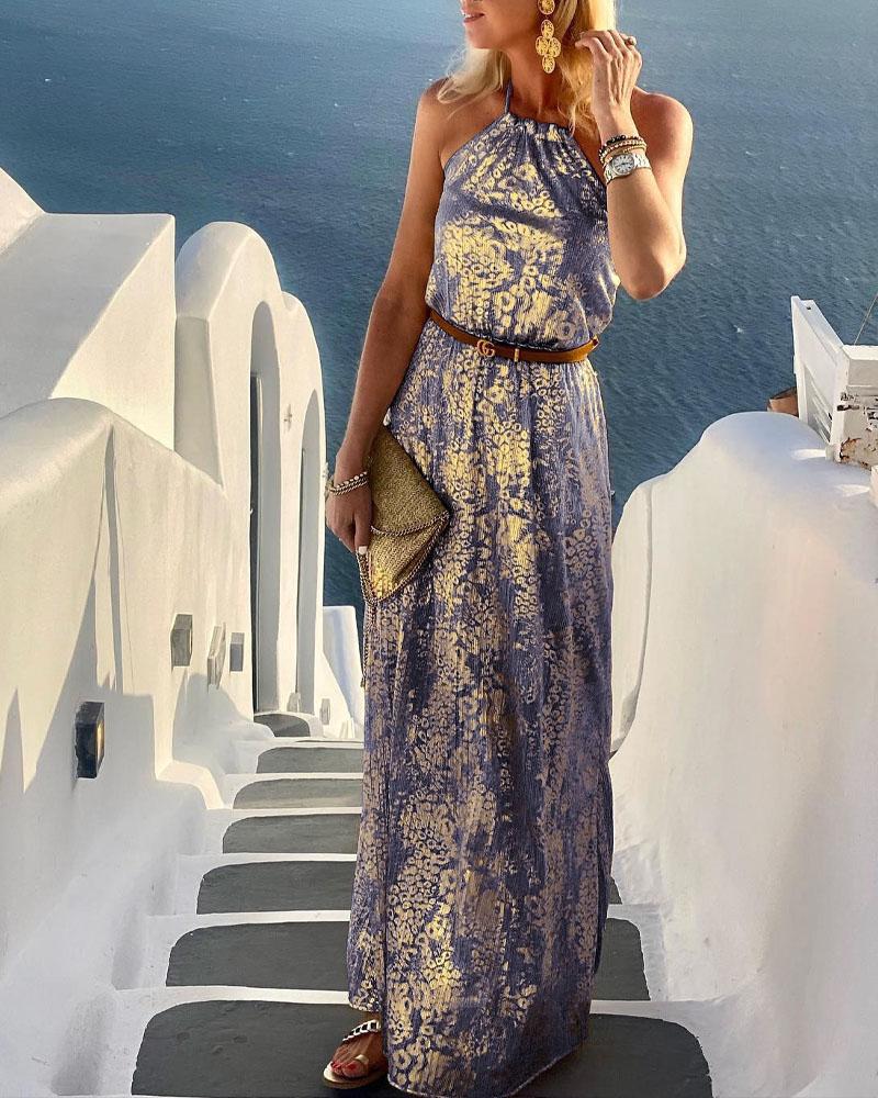 

Metallic Design Sleeveless Halter Maxi Dress, Blue