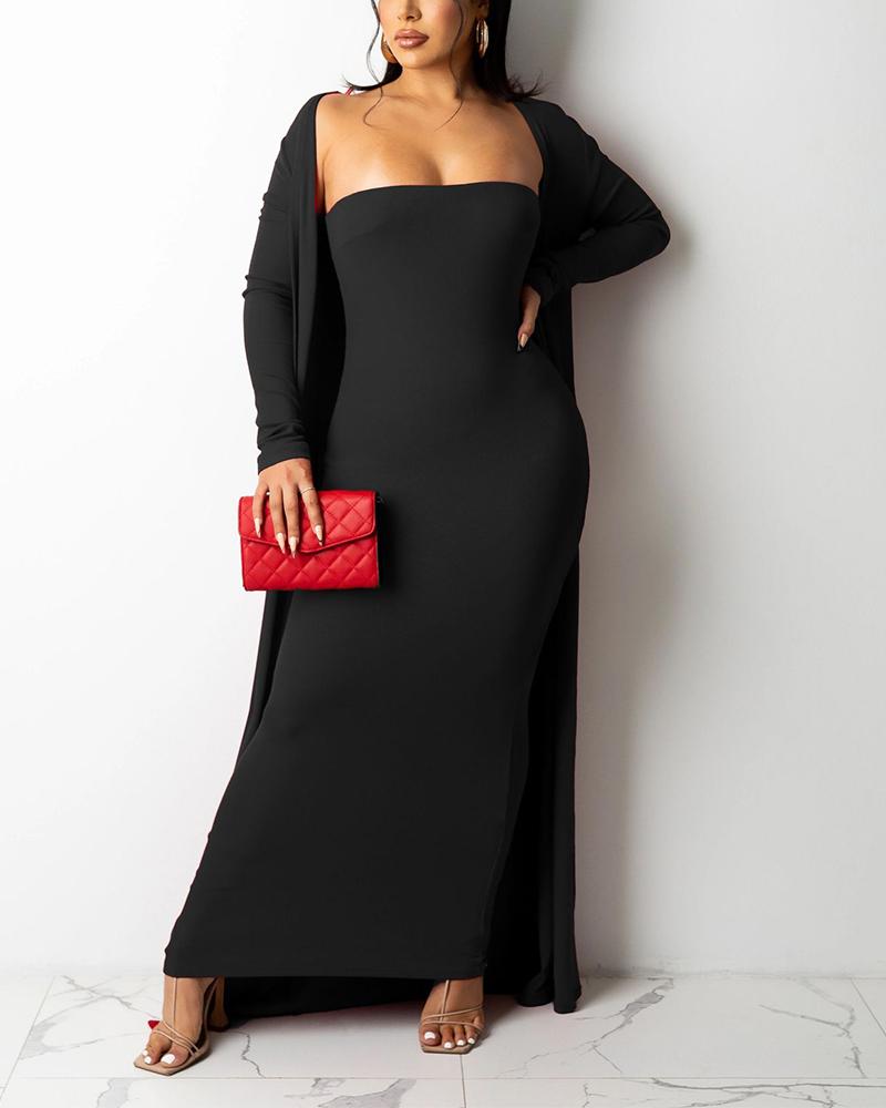 

Bandeau Sleeveless Maxi Dress With Longline Coat, Black