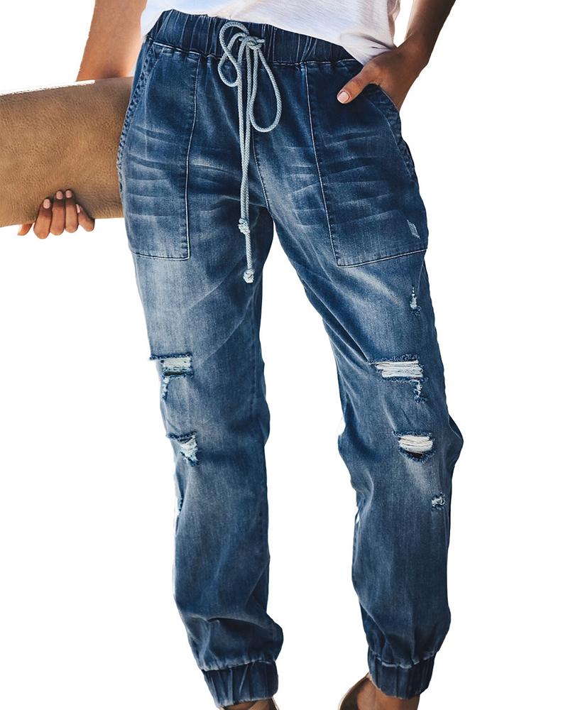 

Ripped Pocket Design Drawstring Denim Pants, Dark blue