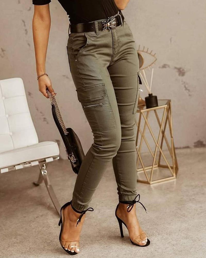 

Zipper Pocket Design Casual Pants Without Belt, Army green