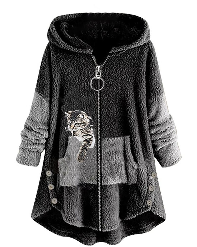 

Cat Print Long Sleeve Hooded Zip Up Teddy Coat, Dark grey