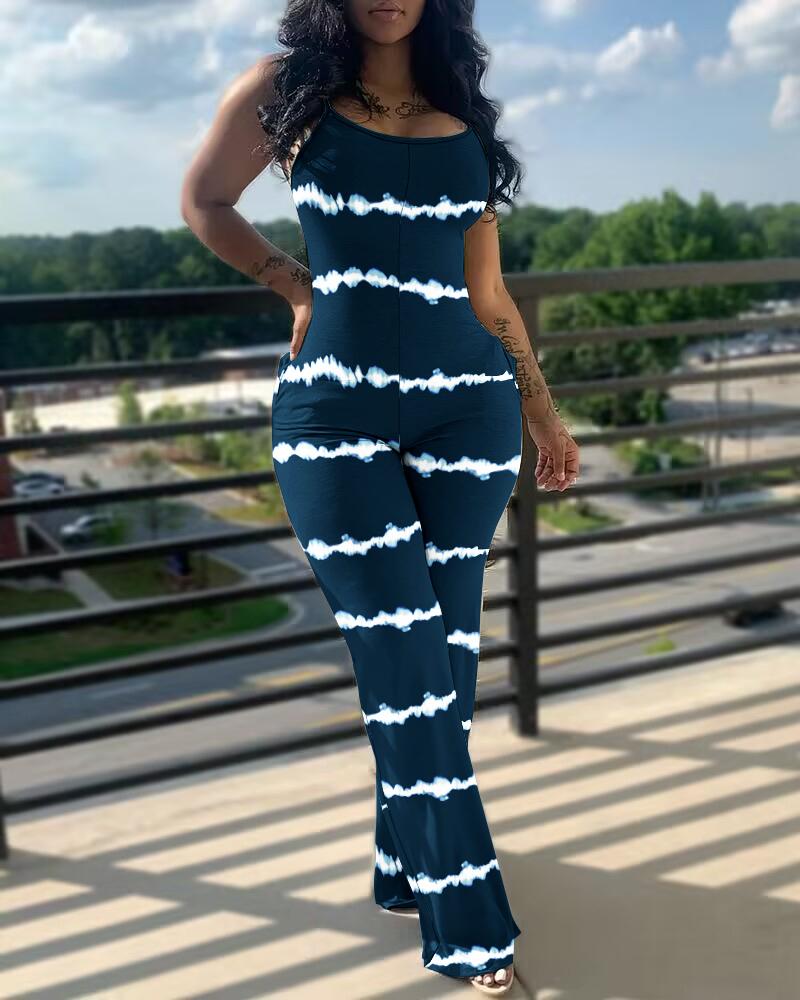 

Tie Dye Print U-Neck Spaghetti Strap Jumpsuit, Purplish blue
