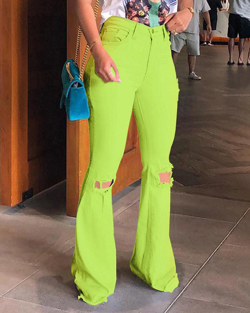 

High Waist Cutout Front Bootcut Jeans, Green
