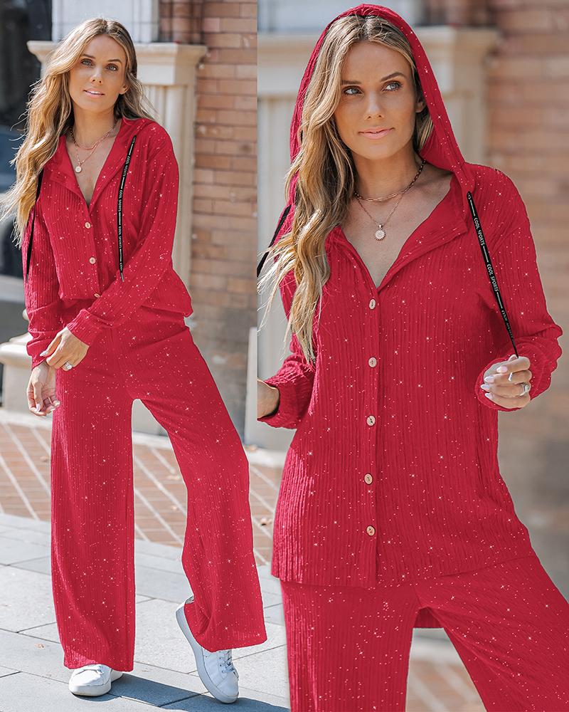 

2 Piece Outfits Casual Glitter Long Sleeve Textured Button Down Shirt Pants Sets Streetwear Loungewear, Wine red