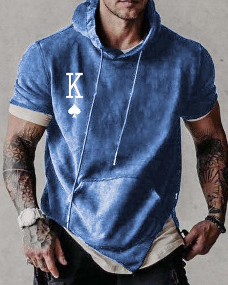 

Poker Logo Print Short Sleeve Hooded Sweatshirts, Blue