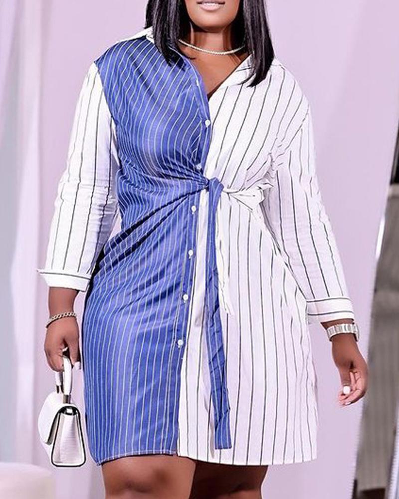 

Plus Size Striped Print Colorblock Tied Detail Shirt Dress, White