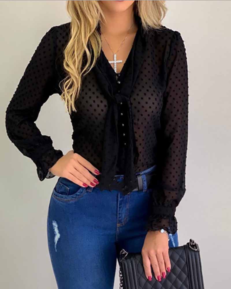 

Swiss Dot Button Design Tied Detail Top, Black