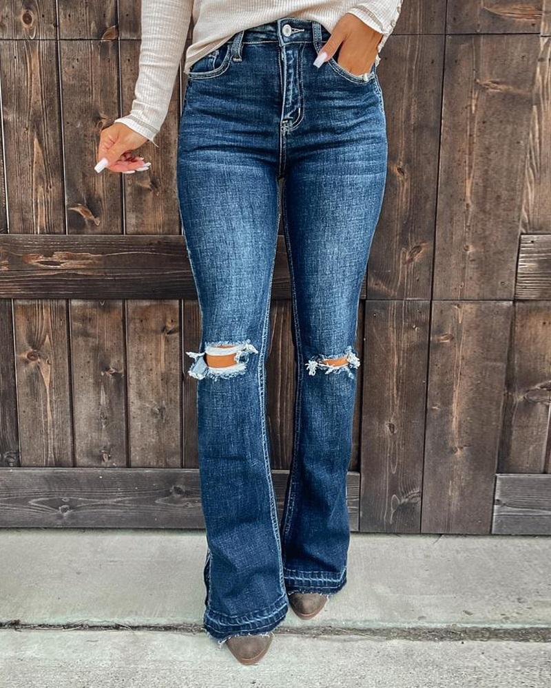 Zipper Fly Ripped Split Hem Flared Leg Jeans