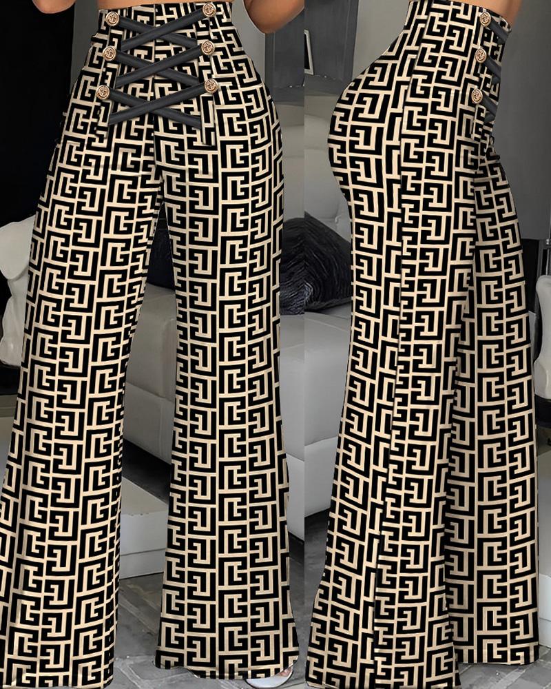 

Geometric Print Criss Cross Flared Pants, Khaki