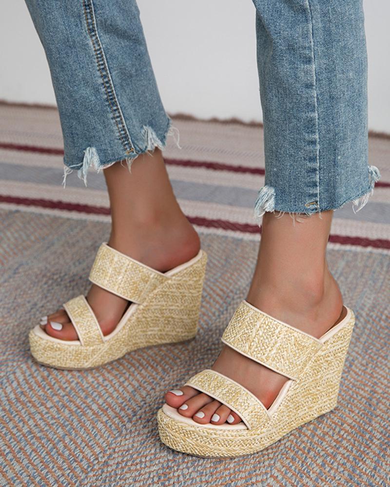 

Solid Double Banded Upper Wedge Shoes Sandals, Apricot