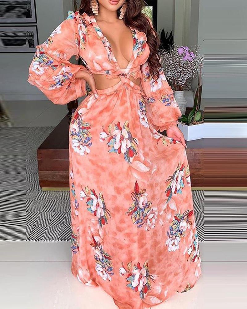 

Lantern Puff Sleeve Cutout Floral Print Maxi Dress, Pink
