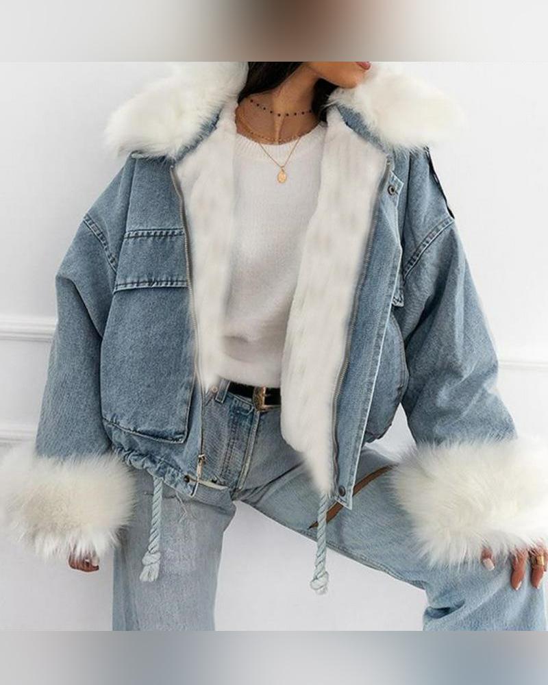 

Women's Casual Winter Coat Colorblock Faux Fur Patchwork Washing Effect Denim Jacket, Dark blue