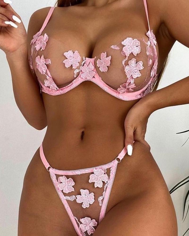 

Embroidery Floral Sheer Mesh Lingerie Set, Pink