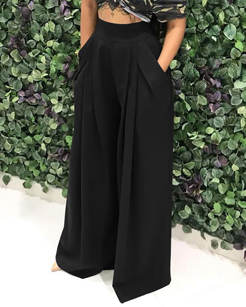 

High Waist Pocket Design Wide Leg Pants, Black