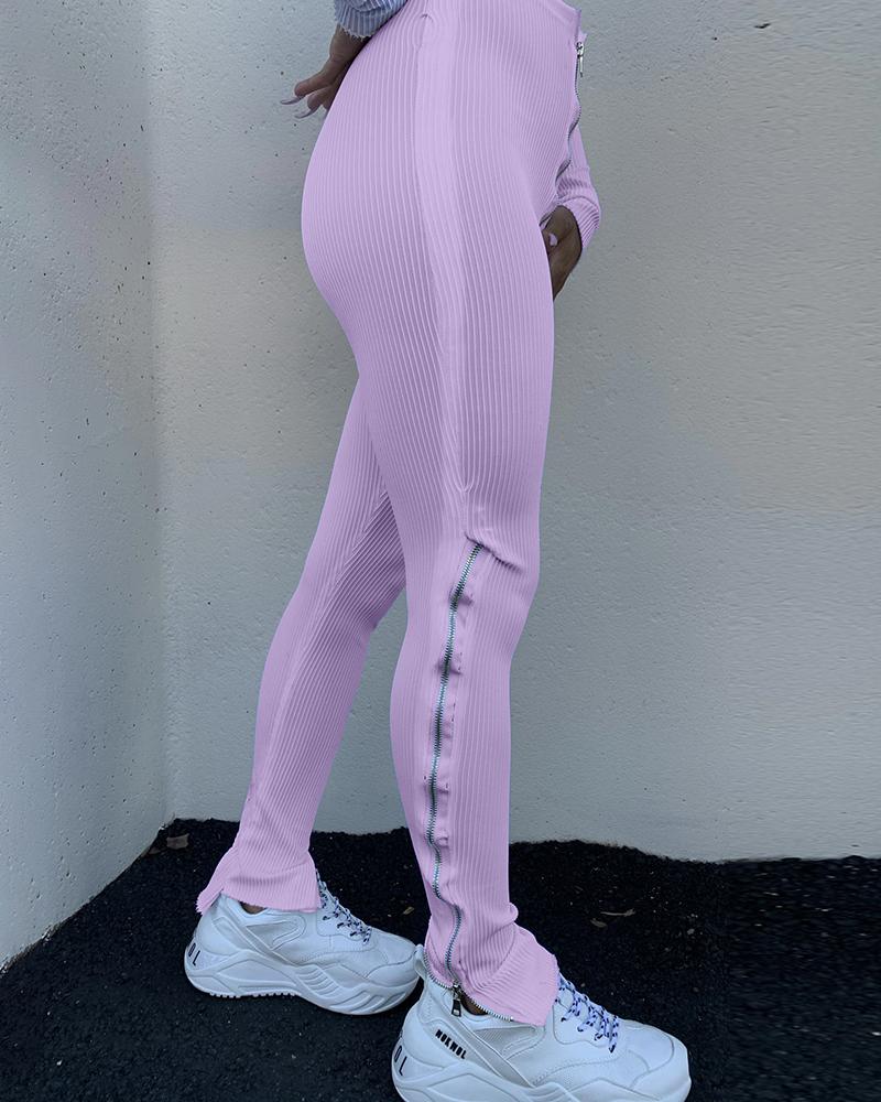 

Zipper Design High Waist Slit Leggings, Purple